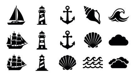 Obraz premium Collection of black nautical icon silhouettes featuring ships, lighthouses, anchors, seashells, waves, and clouds for various marine-themed graphic design concepts