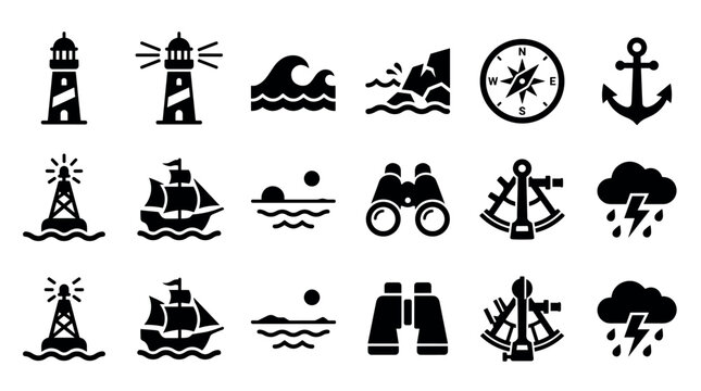 Collection of black nautical icons featuring a lighthouse, sailing ship, anchor, compass, and binoculars for maritime and sea travel themes in a simple glyph style