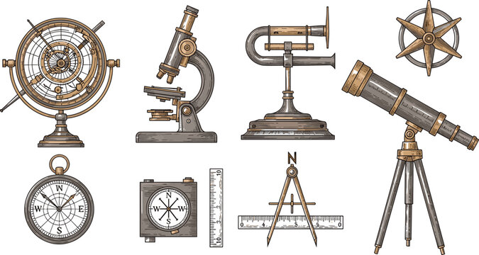 Vintage scientific and navigation instruments vector set with microscope telescope compass and measuring tools for education research and engineering design