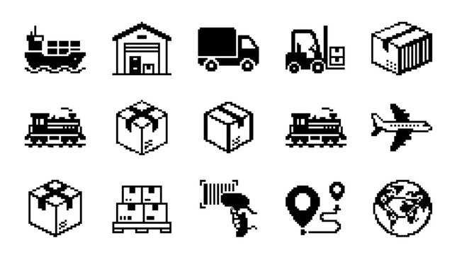 Set of black pixel art icons for logistics and shipping, including a truck, ship, plane, and warehouse, representing global transportation and delivery services in a retro 8-bit style