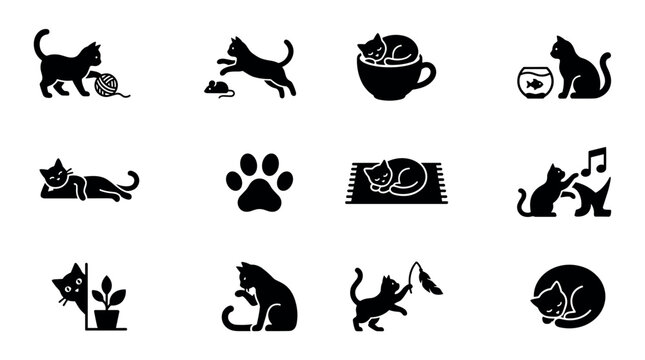 Set of black cat silhouette icons showing various feline activities like playing with yarn, sleeping in a cup, hunting a mouse, and grooming in a cute minimalist glyph style