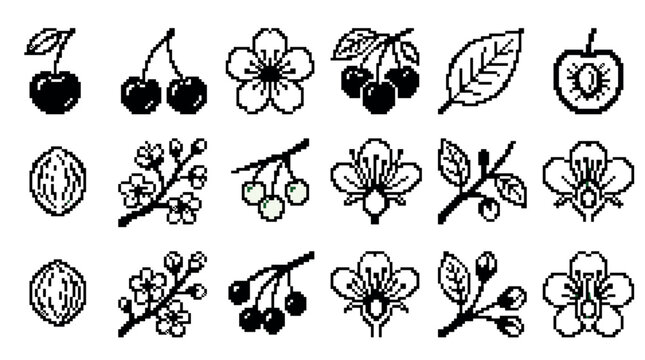 Set of pixel art cherry icons featuring berries, flowers, leaves, and branches in a retro 8-bit monochrome style, representing a collection of digital plant elements