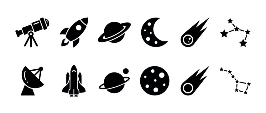 Collection of black space exploration icons including a rocket, space shuttle, planet, telescope, and constellation, presented in a simple, flat glyph illustration style