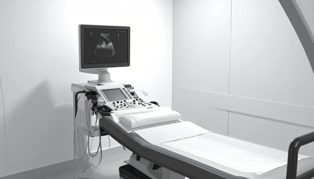 Medical Technology: An ultrasound machine, the cornerstone of medical diagnostics, rests in a pristine, modern examination room, showcasing the cutting-edge of healthcare.