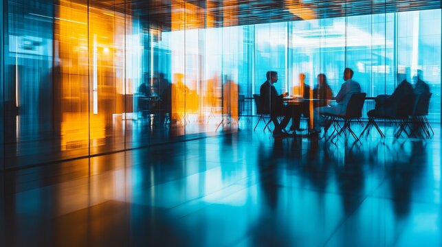 A group of business professionals meeting in a modern glass-walled conference room with a sleek floor