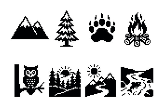 Set of black pixel art nature icons in a retro 8-bit style for camping and outdoor adventure, including a mountain, pine tree, bear paw, campfire, owl, and forest landscape