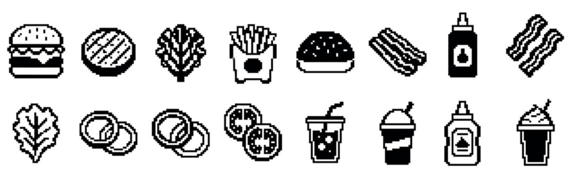 Black and white pixel art fast food icons set featuring a hamburger, fries, soda, and ingredients in a minimalist 8-bit retro video game style for graphic design
