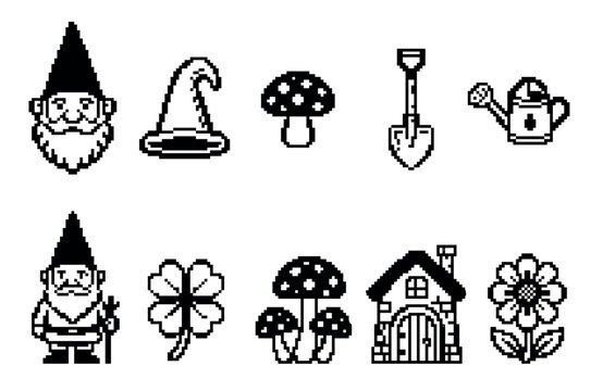 Set of black and white pixel art icons featuring gnomes, mushrooms, a four-leaf clover, and garden tools in a retro 8-bit video game style illustration