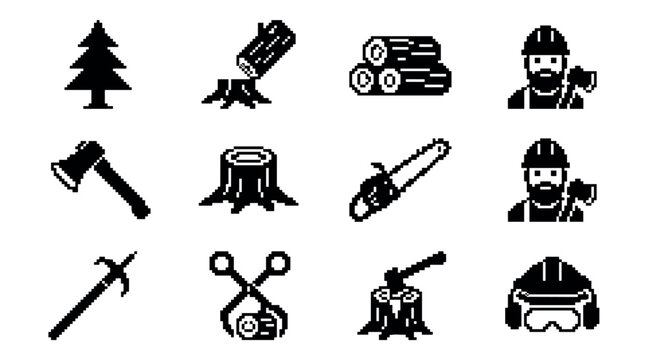 Lumberjack and forestry pixel art icon set with a woodcutter, axe, chainsaw, tree, and logs presented in a retro 8-bit monochrome silhouette style