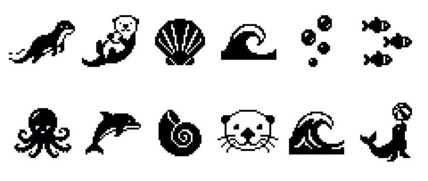 Black and white pixel art collection of sea life icons including an otter, dolphin, octopus, fish, and shell, presented in a simple, minimalist 8-bit graphic design style