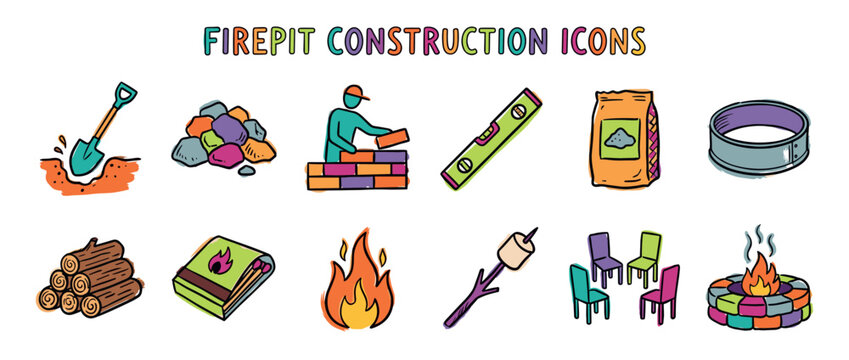 Colorful set of firepit construction icons shows the process of building a backyard fireplace from start to finish, including tools, materials, and enjoyment with a marshmallow