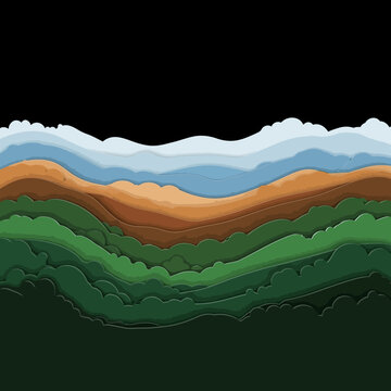 Illustration of layered landscape with mountains.