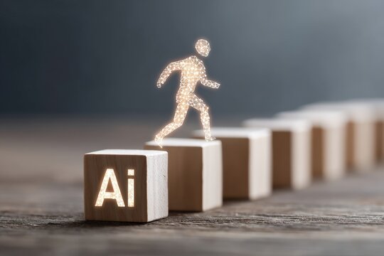 Glowing outline of person walking on AI blocks showing concept of artificial intelligence