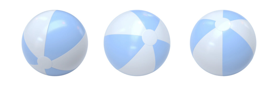 Vector set of realistic 3D rendered beach balls. Three inflatable water balls in soft pastel blue and white. Colorful striped beach balls shown from different angles, isolated.