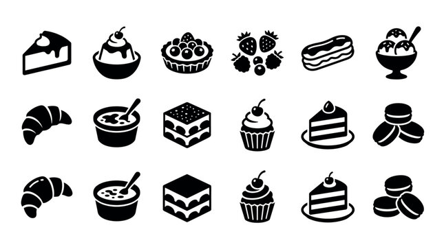 Set of black dessert and pastry icons featuring cake, croissant, cupcake, macaron, and ice cream in a minimalist graphic glyph style for culinary and food design