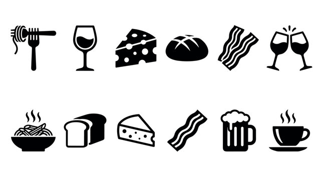 Minimalist black food and drink icons featuring pasta, bread, cheese, bacon, wine, beer, and coffee, presented as a simple silhouette set for restaurant and cafe concepts
