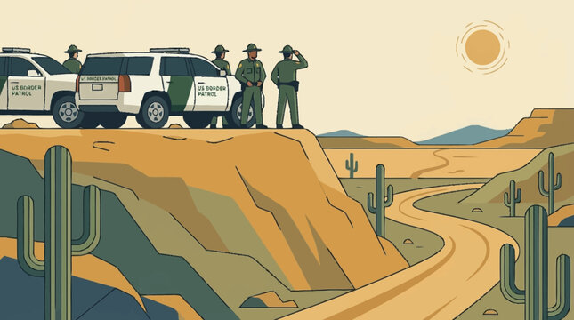 Border Patrol agents in uniform stand guard beside their vehicles on a desert ridge overlooking a winding road and arid landscape with cacti under a bright sun.