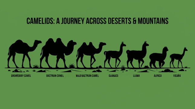 Silhouettes of various camelids, including dromedary camels, Bactrian camels, guanacos, llamas, alpacas, and vicu&ntilde;as, illustrating their journey across deserts and mountains.