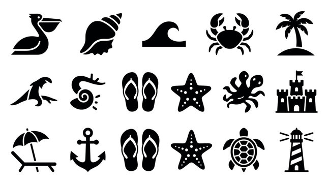 Black beach and sea life icon set featuring a pelican, crab, palm tree, starfish, and lighthouse for graphic design elements in a simple minimalist glyph style