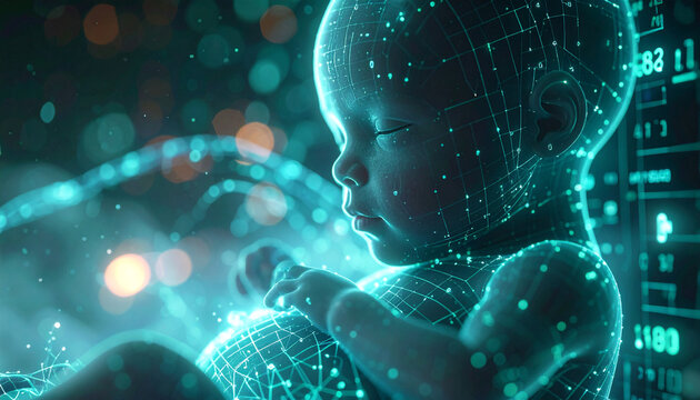 Digital Embryo: A serene baby is cradled, illuminated by glowing digital lines, symbolizing the future of technology and human potential.