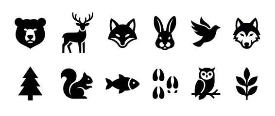Obraz premium Set of black forest animal icons featuring a bear, deer, fox, wolf, rabbit, owl, squirrel, fish, and tree in a minimalist silhouette style for nature themes