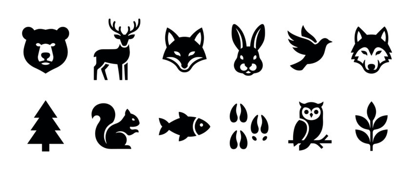 Set of black forest animal icons featuring a bear, deer, fox, wolf, rabbit, owl, squirrel, fish, and tree in a minimalist silhouette style for nature themes