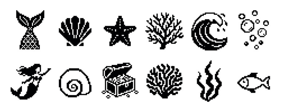 Set of black pixel art icons featuring marine life and fantasy elements like a mermaid, treasure chest, seashell, coral, and fish in a retro 8-bit video game style illustration