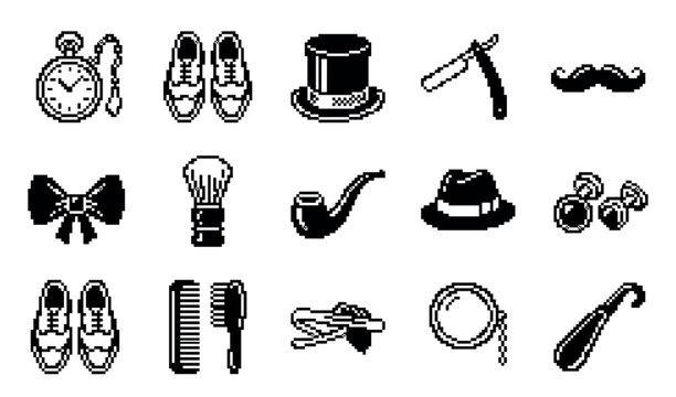 Set of vintage gentleman's accessories pixel art icons in a monochrome 8-bit style, featuring a top hat, monocle, smoking pipe, bow tie, shoes, pocket watch, and razor