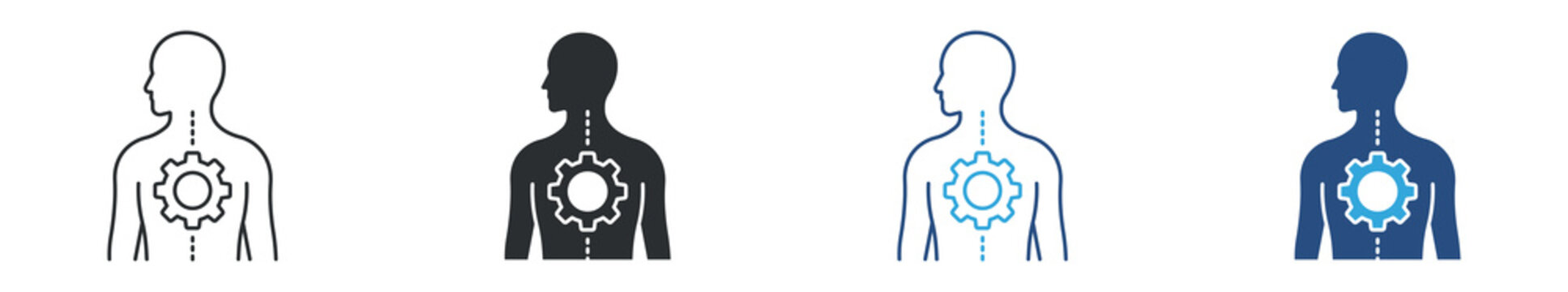 Human System icon set. Human body with gear mechanism, internal process and system integration concept, automation and operational efficiency symbol, vector illustration