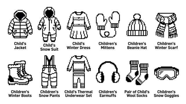 Collection of children's winter clothing pixel art icons showing a jacket, snow suit, mittens, beanie, scarf, boots, and other cold weather apparel in a retro 8-bit graphic style