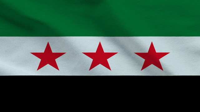 The image shows the Syrian flag, featuring three red stars, waving proudly. This scene captures the essence of Independence Day and Sovereignty, representing national pride and unity.