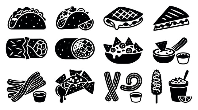 Set of black and white Mexican food icons featuring tacos, burritos, nachos, quesadillas, and churros in a minimalist graphic glyph style for menu or restaurant design