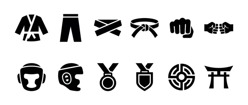 Set of black martial arts icons including a gi uniform, belt, fist, headgear, medal, and dojo symbols for combat sports like karate, judo, or taekwondo