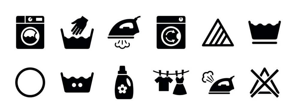 Collection of black laundry care symbols including washing, drying, ironing, and bleaching pictograms for textile instruction labels in a simple silhouette design