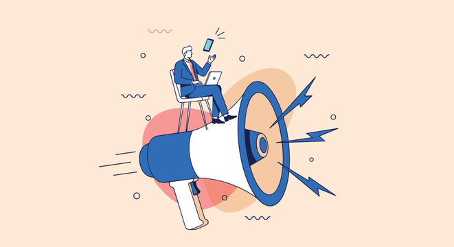 Illustration of Businessman sitting on megaphone announcing