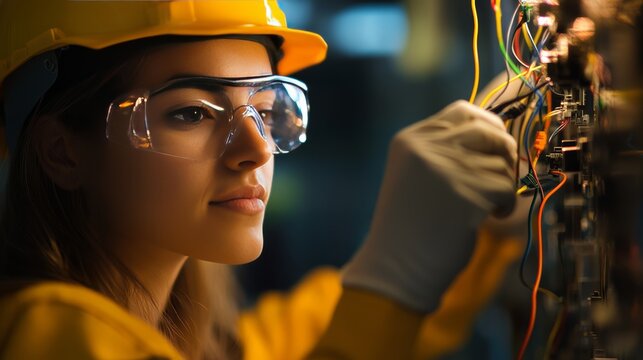 Electrical technician performing complex wiring tasks industrial workshop photography dimly lit environment close-up perspective skill and precision