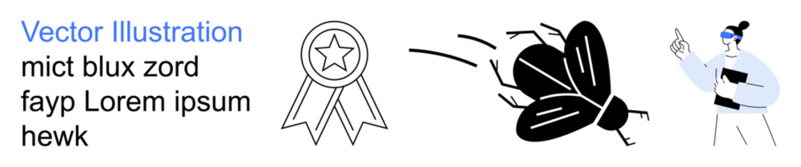 Recognition, achievement, communication, biology, movement, organization. Simple award ribbon, buzzing insect and woman gesturing with a document. Recognition and communication © robu_s