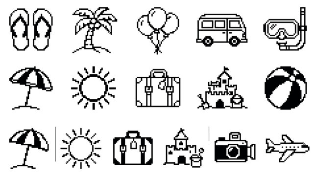 Set of summer vacation pixel art icons in a minimalist black and white 8-bit style, including a suitcase, camera, palm tree, sun, airplane, and beach ball for a retro gaming theme