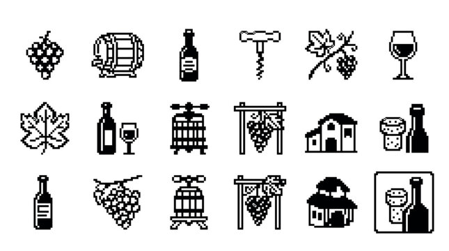 Collection of monochrome pixelated wine icons includes a grape bunch, bottle, glass, wooden barrel, corkscrew, and winery, all designed in a classic 8-bit retro computer graphic style