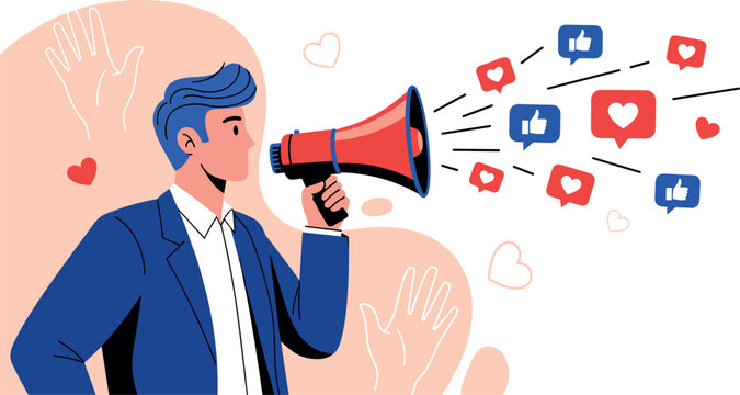 Illustration of Man with megaphone social media announcement
