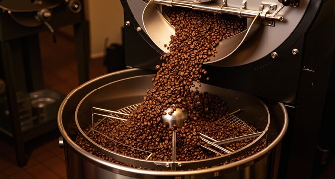Freshly roasted coffee beans pouring from a large coffee roaster into the cooling cylinder.
