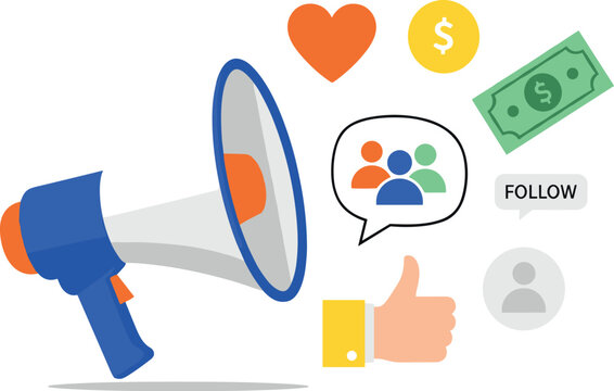 Illustration of Megaphone with social media icons and money