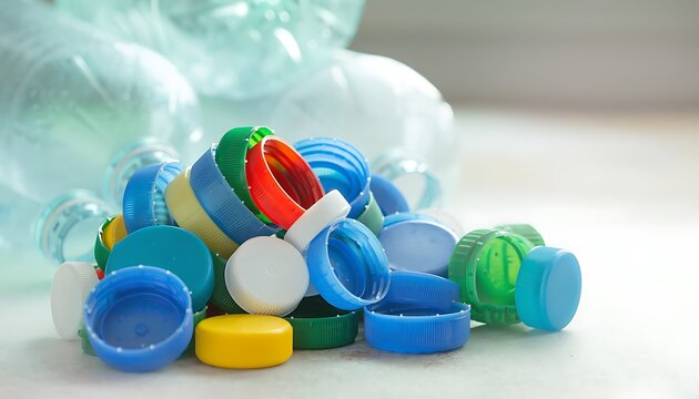 Colorful plastic bottle caps pile.