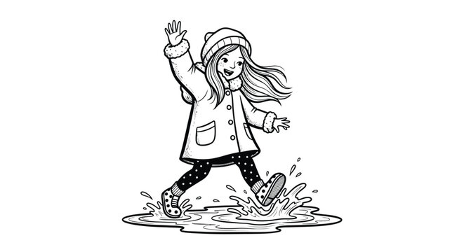 Happy little girl wearing winter clothes jumping in a puddle on a rainy day outside