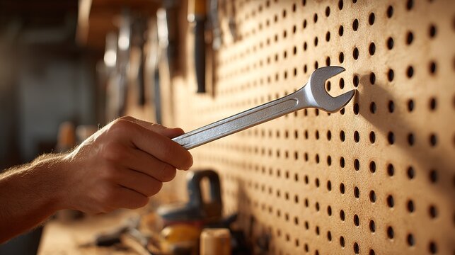 Hand holding wrench against pegboard wall in workshop.