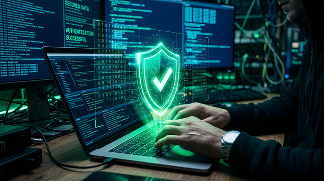 Dedicated cybersecurity professional typing on a laptop, securing digital data with a glowing protection shield amidst complex code, symbolizing robust online safety