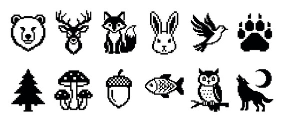 Fototapeta premium Black and white pixel art icon set of woodland creatures and nature elements including a bear, fox, deer, rabbit, owl, wolf, fish, bird, paw print, tree, mushroom, and acorn