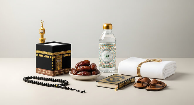 Islamic prayer items including a Kaaba replica, Quran, prayer beads, dates, Zamzam water bottle, and Ihram clothing, arranged for Ramadan or Hajj