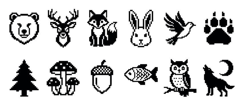 Black and white pixel art icon set of woodland creatures and nature elements including a bear, fox, deer, rabbit, owl, wolf, fish, bird, paw print, tree, mushroom, and acorn