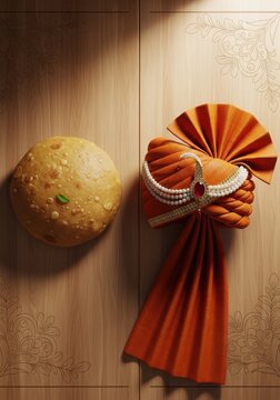 Ornate Indian Wedding Turban (Pagdi) with Traditional Golden Puri Bread on Wooden Background, Cultural Still Life